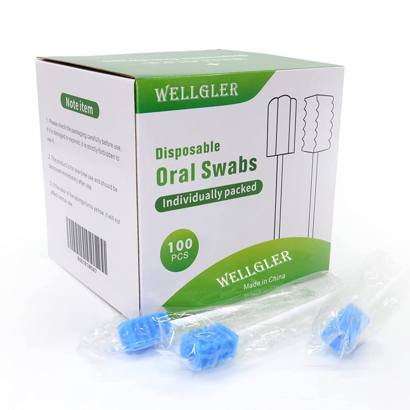 Wellgler's Oral Care Swabs Disposable- Blue 100 Counts - Image 1